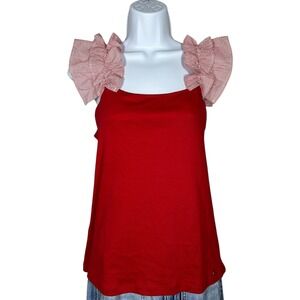 Tommy Hilfiger Red‎ Cotton Sleeveless Tank Top Ruffle Stripe Sleeves Size Medium